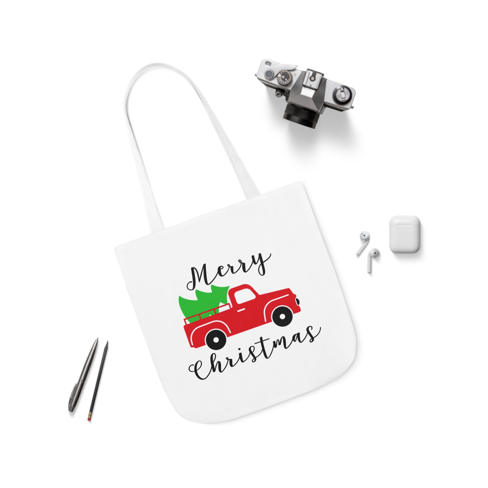 Christmas Truck White Canvas Tote Bag!